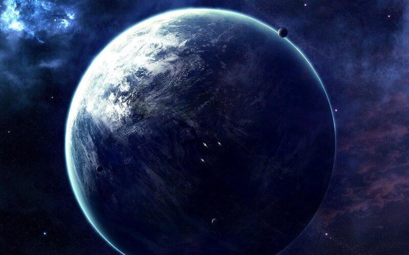 Planet with Moons — Blue, Dramatic, Night, Digital Art, Stars