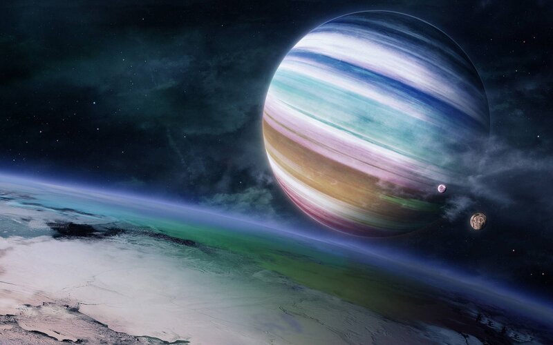 Planet with Moons — Blue, Dramatic, Night, Digital Art