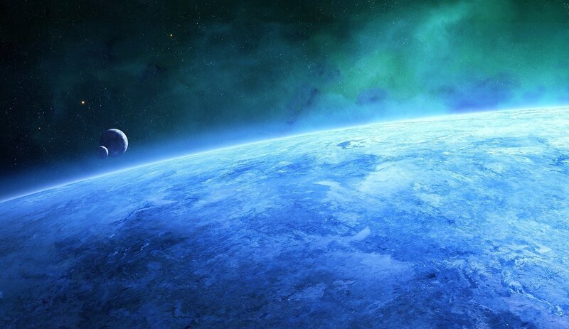 Planet with Moons — Blue, Serene, Digital Art