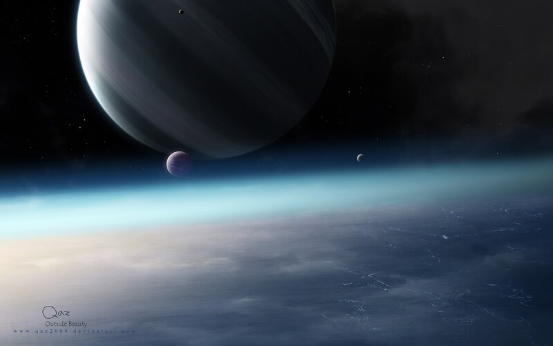 Planet with Moons — Blue, Serene, Night, Digital Art