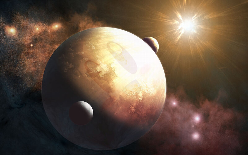 Planet with Moons — Brown, Dramatic, Digital Art, Star