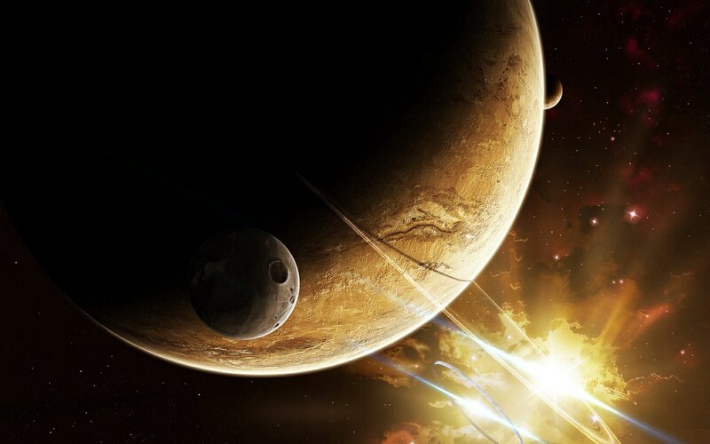 Planet with Moons — Brown, Dramatic, Digital Art, Stars, Nebula