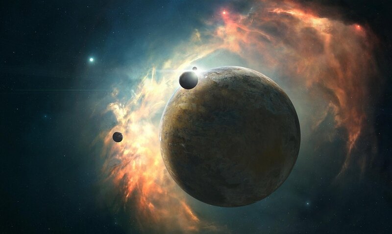 Planet with Moons — Brown, Dramatic, Digital Art