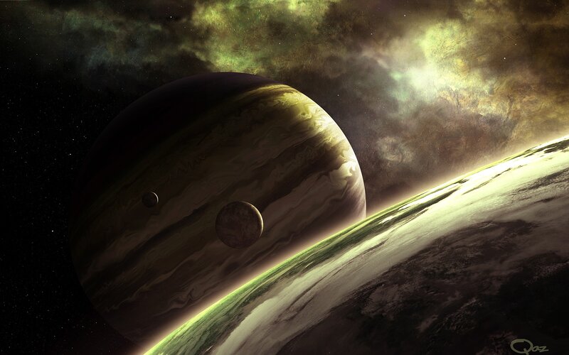 Planet with Moons — Green, Dramatic