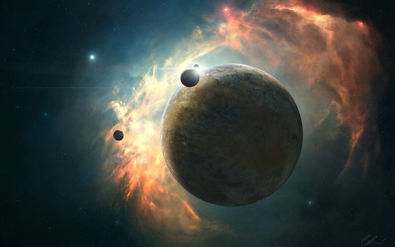 Planet with Moons in Nebula