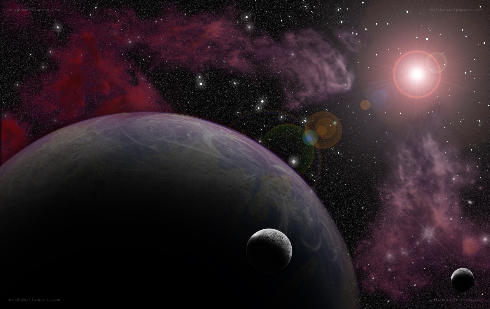 Planet with moons in space