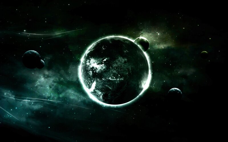 Planet with Moons in Space — Black, Dramatic, Night