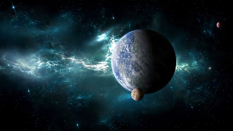 Planet with Moons in Space — Blue, Cosmic, Digital Art