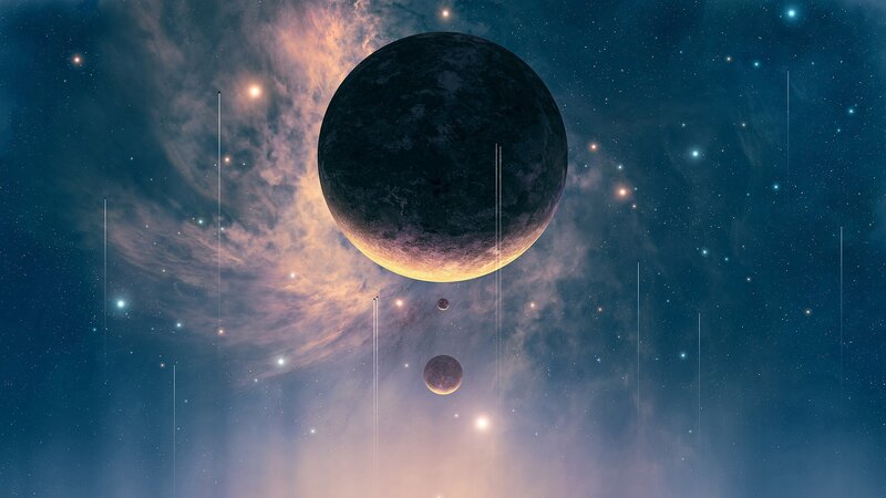 Planet with Moons in Space — Blue, Cosmic, Night