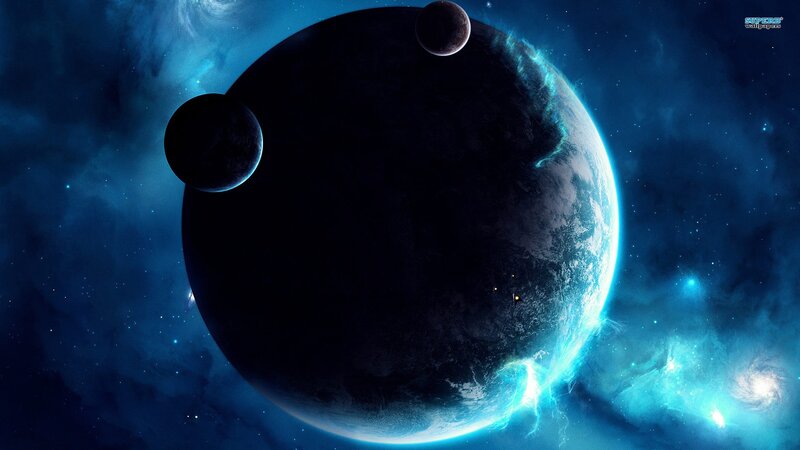 Planet with Moons in Space — Blue, Dramatic, Digital Art, Nebula