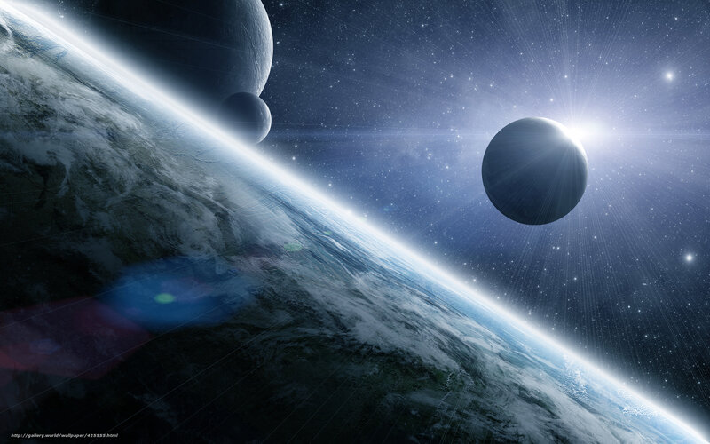 Planet with Moons in Space — Blue, Dramatic, Digital Art, Stars, Sun