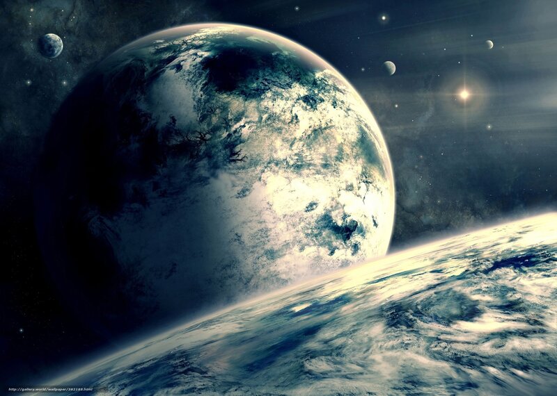 Planet with Moons in Space — Blue, Dramatic, Digital Art, Stars