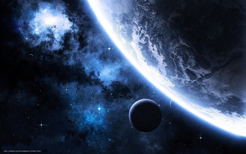 Planet with Moons in Space — Blue, Dramatic, Digital Art