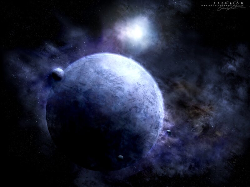 Planet with Moons in Space — Blue, Dramatic, Night, Digital Art, Nebula
