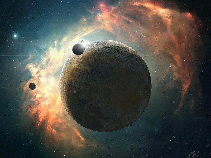 Planet with Moons — Orange