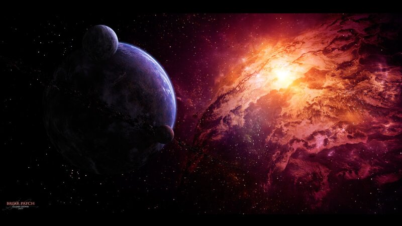 Planet with Moons — Purple, Dramatic, Digital Art, Nebula, Stars, Red