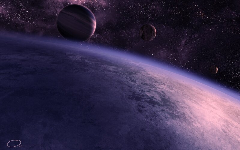 Planet with Moons — Purple, Dramatic, Night, Digital Art, Stars, Atmosphere