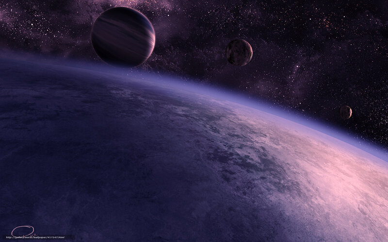 Planet with Moons — Purple, Dramatic, Night, Digital Art, Stars