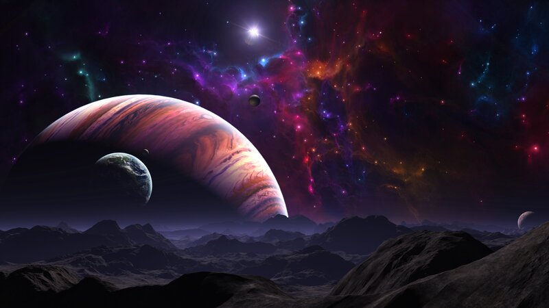 Planet with Moons — Purple, Dramatic, Night, Digital Art