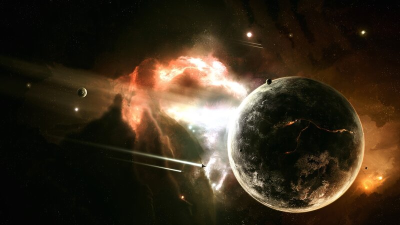 Planet with Nebula — Black, Dramatic, Digital Art, Spacecraft