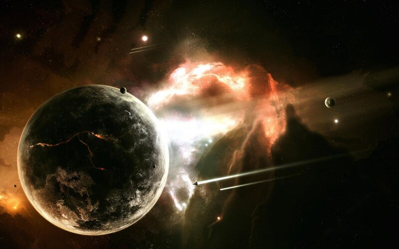 Planet with Nebula — Black, Dramatic, Digital Art