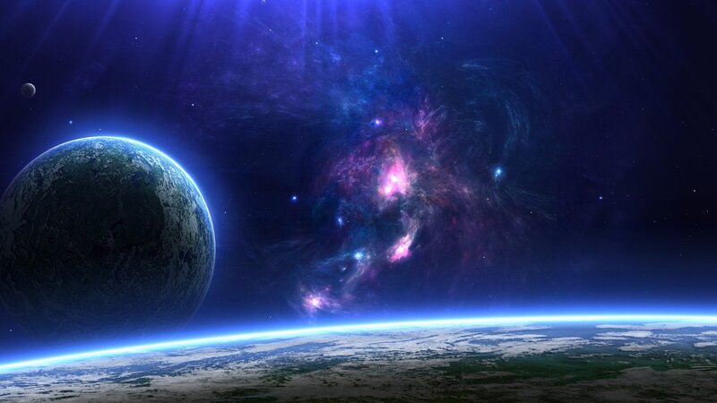 Planet with Nebula — Blue, Dramatic, Digital Art, Moon, Stars