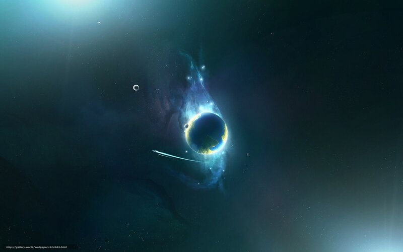 Planet with Nebula — Blue, Dramatic, Digital Art, Moon