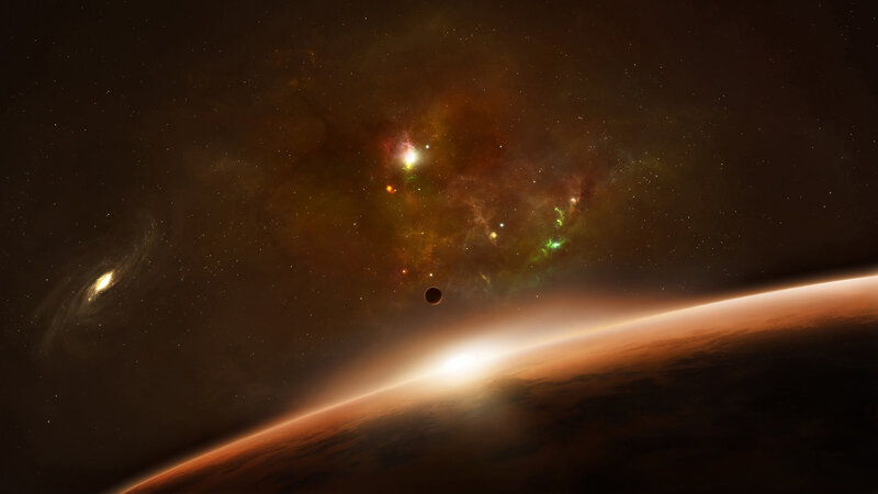 Planet with Nebula — Brown, Dramatic, Digital Art, Galaxy, Moon
