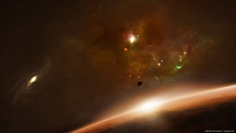 Planet with Nebula — Brown, Dramatic, Digital Art