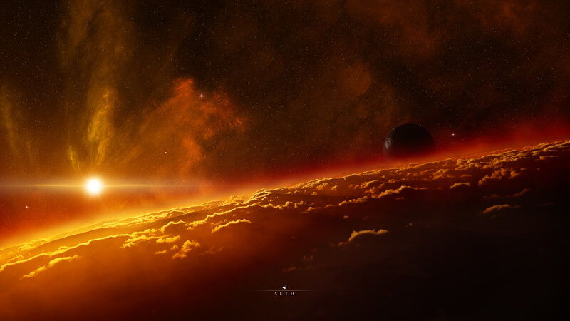 Planet with Orange Clouds — Dramatic, Sunset