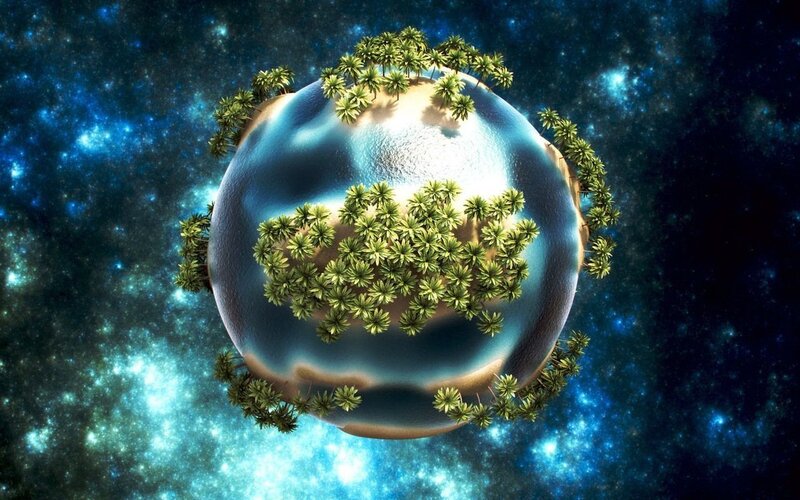 Planet with Palm Trees — Blue, Serene, Digital Art