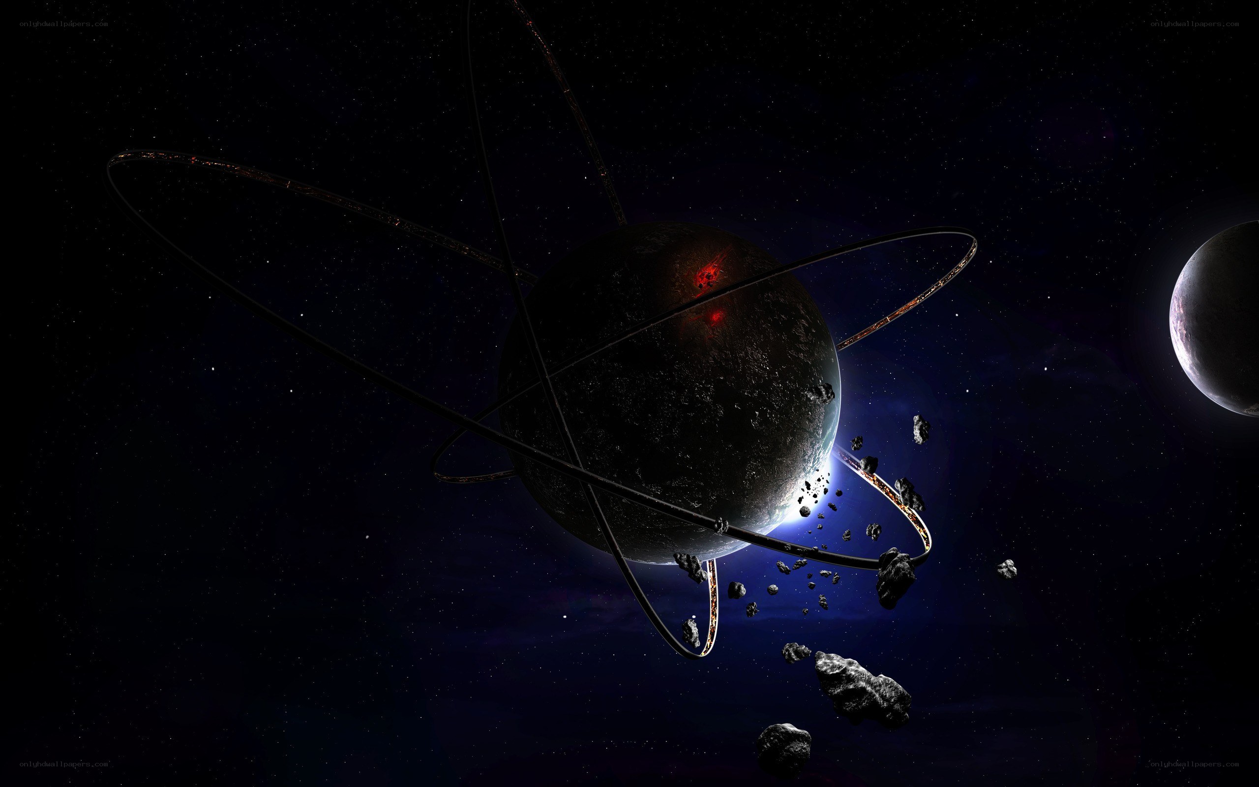 Planet with rings and asteroids