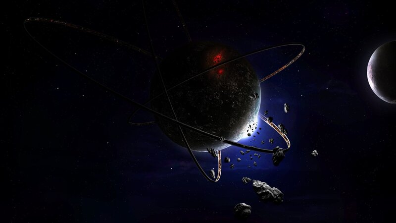 Planet with rings and asteroids