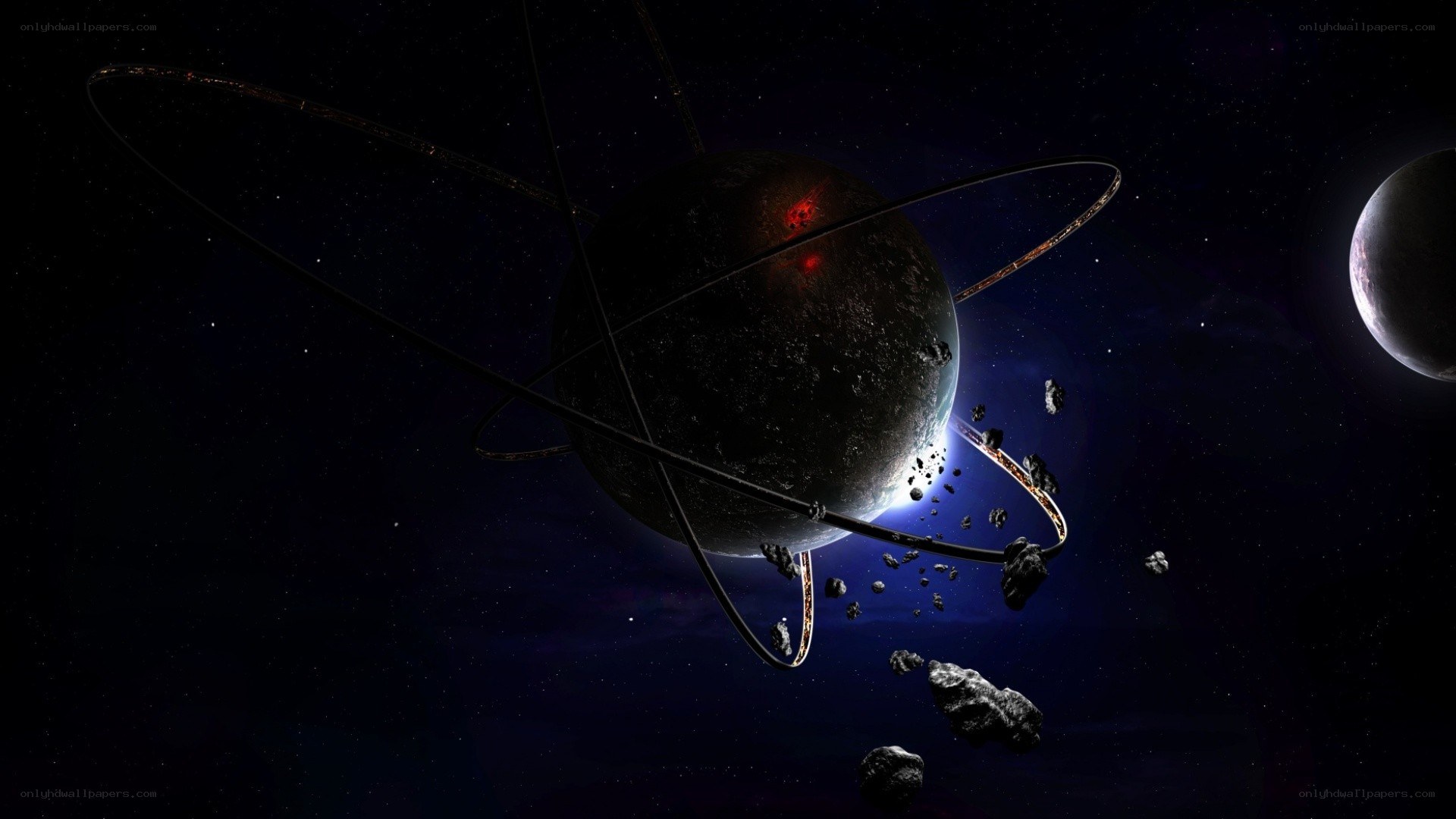 Planet with rings and asteroids