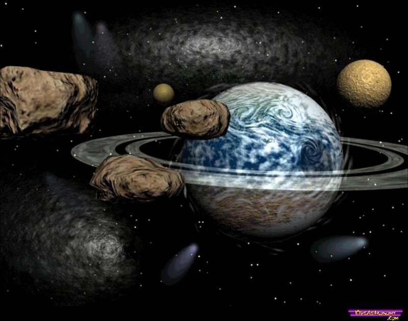 Planet with Rings and Asteroids — Black, Cosmic
