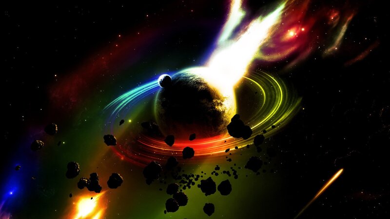 Planet with Rings and Asteroids — Black, Dramatic, Digital Art, Nebula, Stars