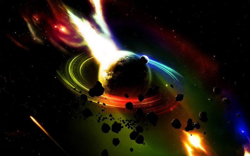 Planet with Rings and Asteroids — Black, Dramatic, Night, Digital Art, Comet