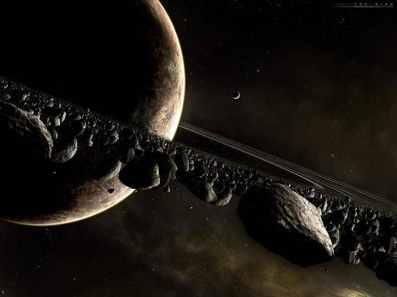 Planet with Rings and Asteroids — Black, Dramatic, Night, Digital Art, Moon