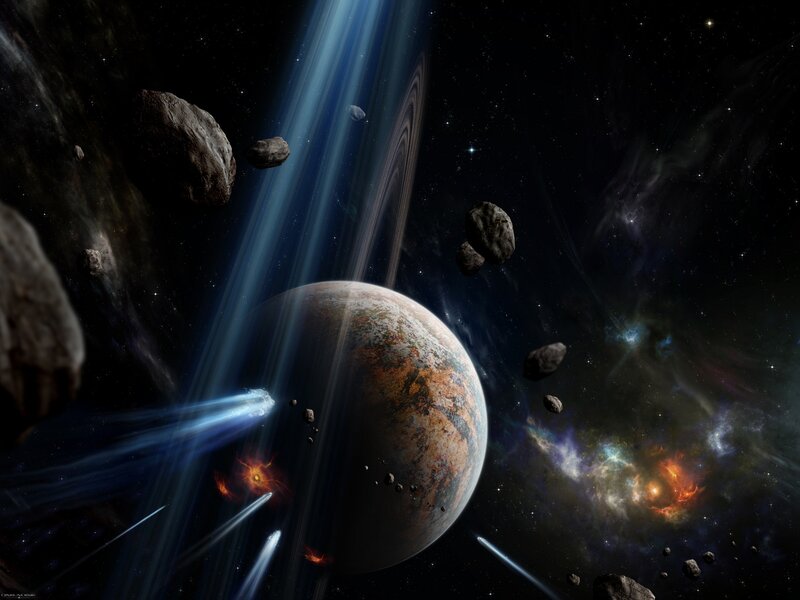 Planet with Rings and Asteroids — Black, Dramatic, Night, Digital Art