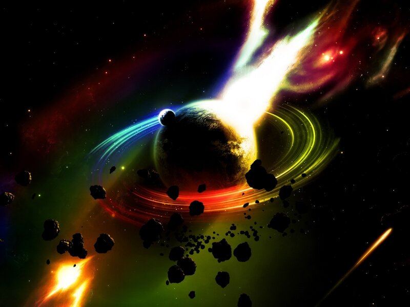 Planet with Rings and Asteroids — Black