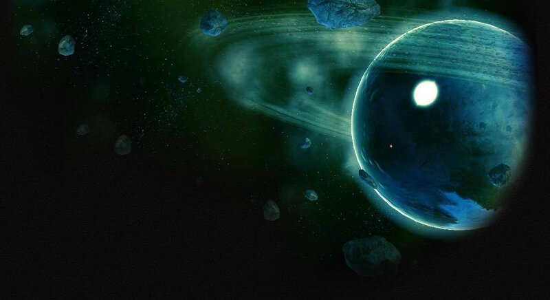 Planet with Rings and Asteroids — Blue, Dramatic, Night, Digital Art, Moon