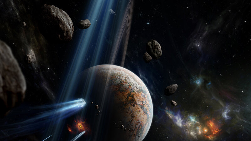 Planet with Rings and Asteroids — Blue, Dramatic, Night, Digital Art, Nebula