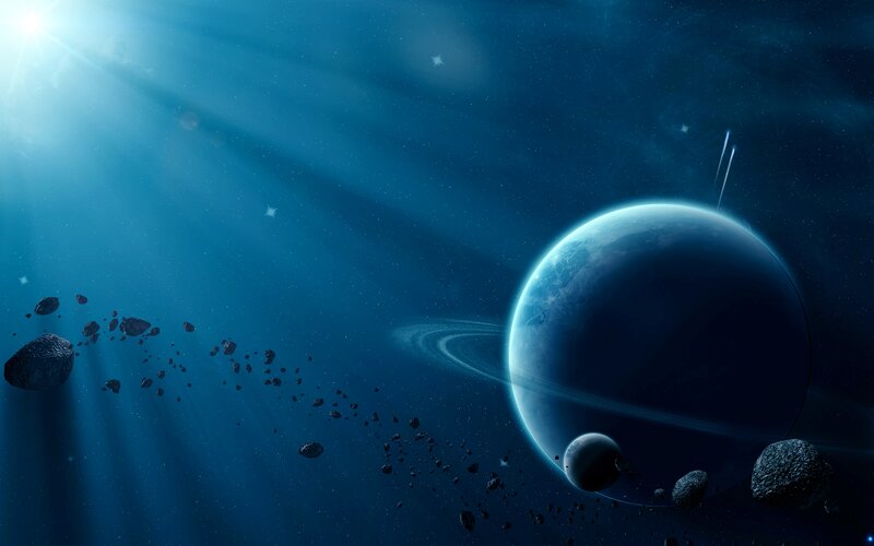 Planet with Rings and Asteroids — Blue, Dramatic, Night