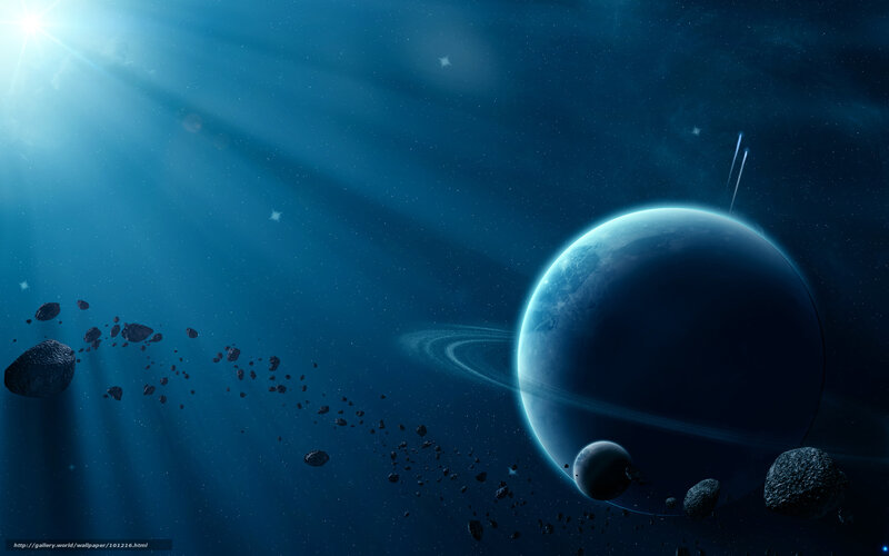 Planet with Rings and Asteroids — Blue, Dramatic