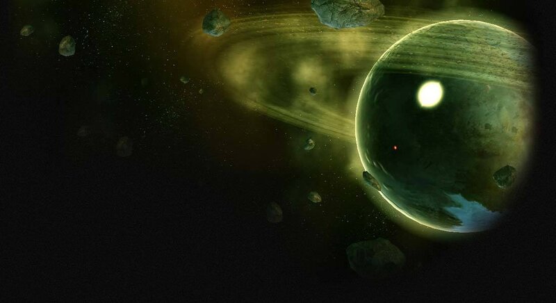 Planet with Rings and Asteroids — Green, Dramatic, Night, Digital Art