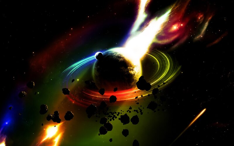 Planet with Rings and Asteroids — Green, Dramatic