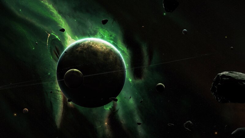 Planet with Rings and Asteroids — Green