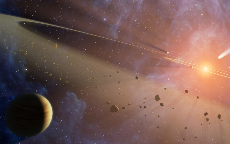 Planet with Rings and Asteroids — Purple, Dramatic, Digital Art, Nebula