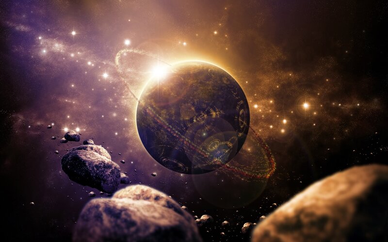 Planet with Rings and Asteroids — Purple, Dramatic, Night, Digital Art