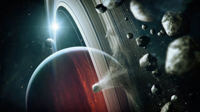 Planet with Rings and Asteroids — Red